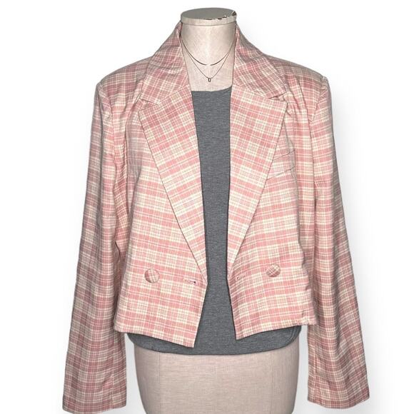 7 FOR ALL MANKIND Mauve Cropped Double Breasted Blazer Plaid Wide Notch Large - Picture 3 of 11